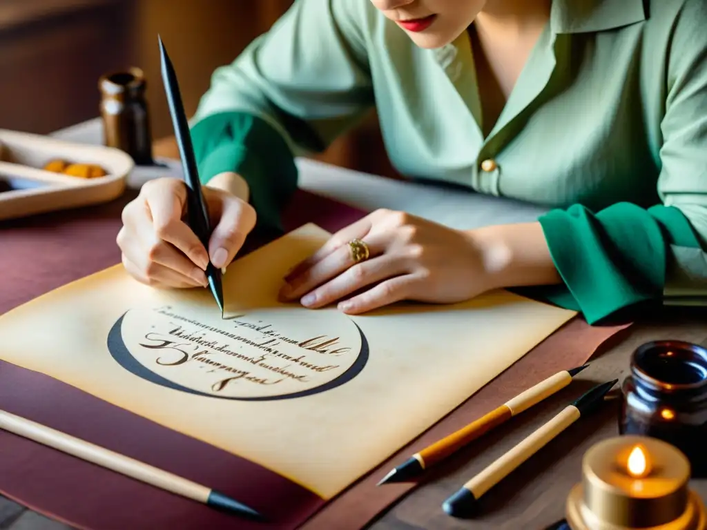 Un hábil calígrafo trabaja en un papel artesanal, rodeado de herramientas antiguas, creando una obra de arte