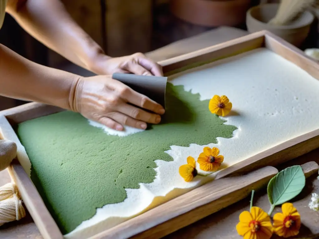 Las hábiles manos de un artesano sumergen el marco y la cubierta en la pasta de papel, envueltas en una atmósfera cálida y nostálgica que captura la esencia de las innovaciones en fabricación artesanal papel