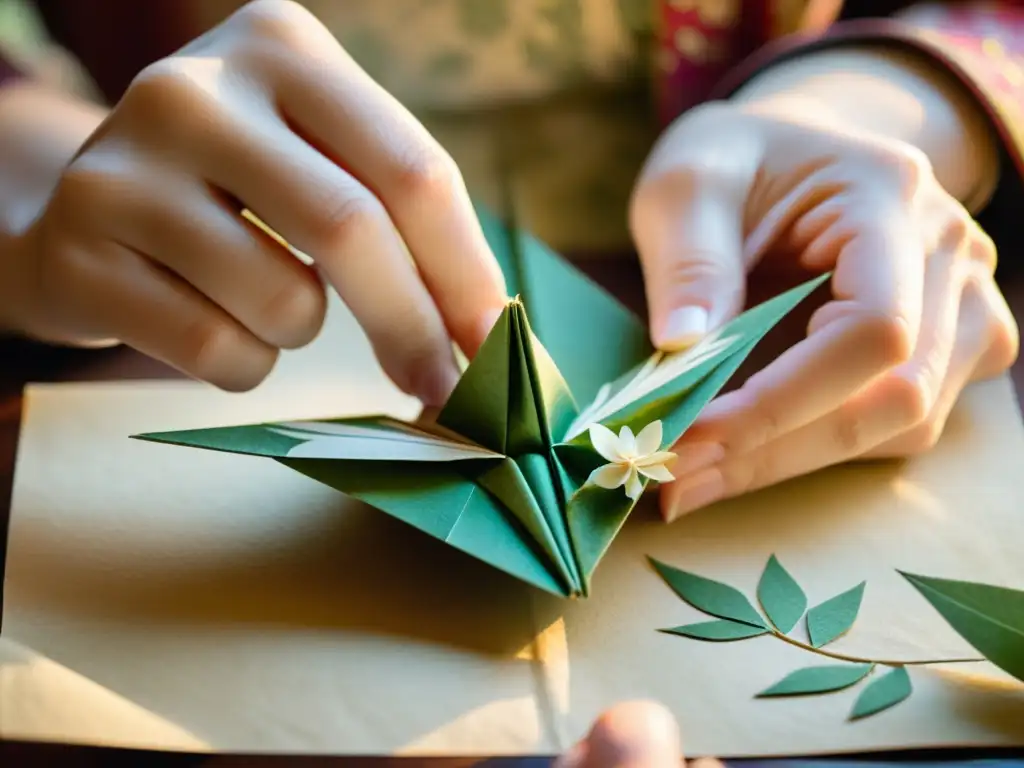 Las hábiles manos realizan un delicado plegado de papel washi japonés, evocando la maestría en las técnicas de plegado de papel estilo japonés