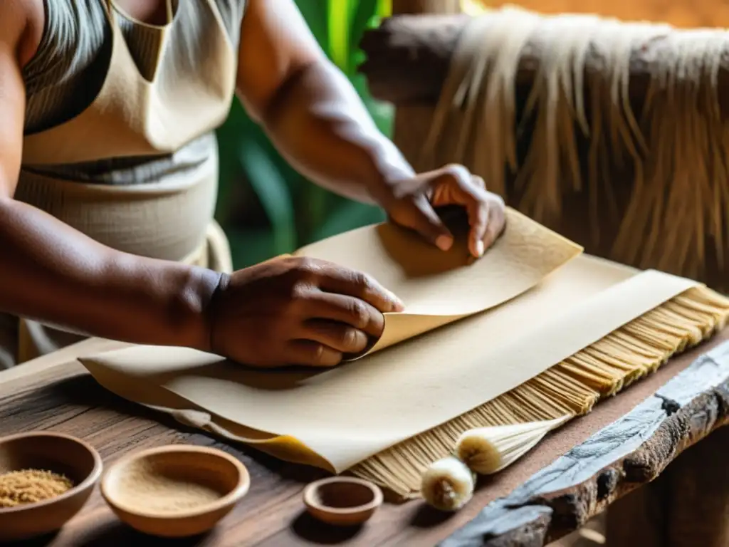 Un habilidoso artesano en atuendo mesoamericano fabrica papel amate usando técnicas ancestrales, rodeado de materiales naturales