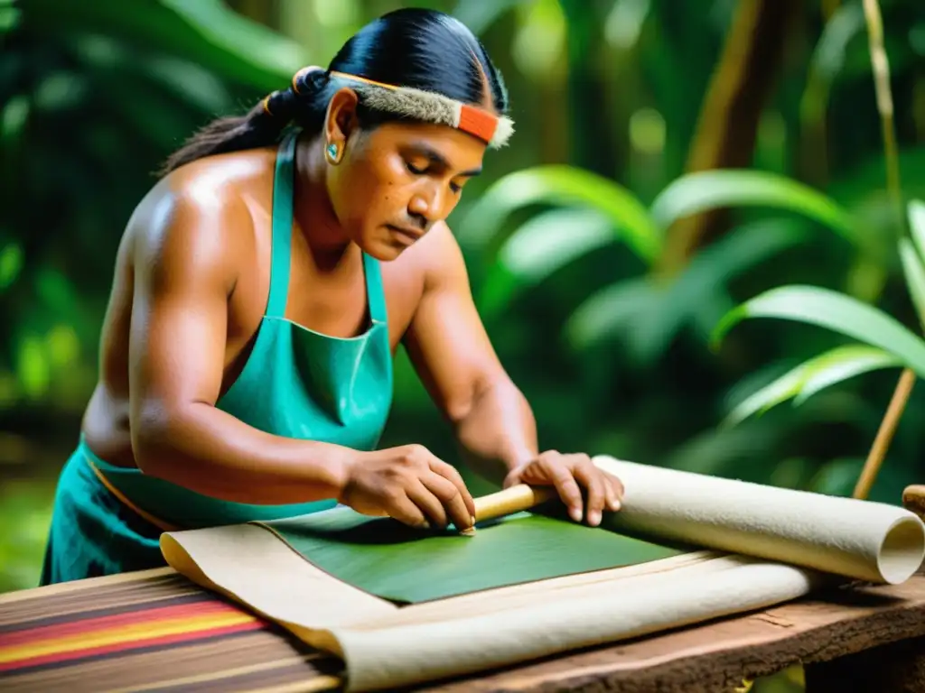 Un habilidoso artesano indígena de una cultura precolombina fabrica papel a partir de fibras naturales en la exuberante selva