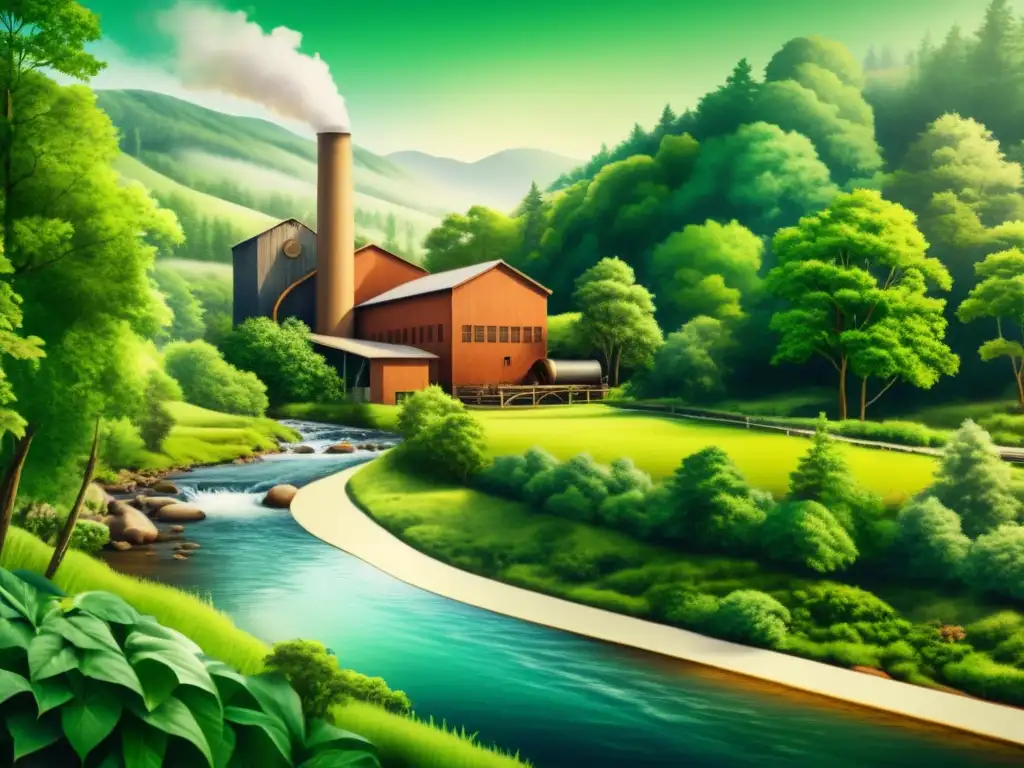 Una hermosa ilustración vintage de un molino de papel o una pintura acuarela de un frondoso bosque con un arroyo claro, mostrando la belleza natural y elementos acuáticos relacionados con la reducción de la huella hídrica en la producción de papel