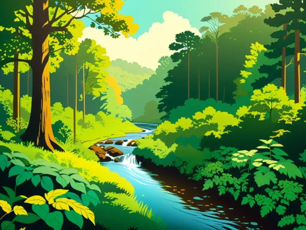 Bosque exuberante con vida silvestre: ilustración vintage evocadora Un hermoso bosque ilustrado con árboles majestuosos, vida silvestre diversa y un arroyo serpenteante