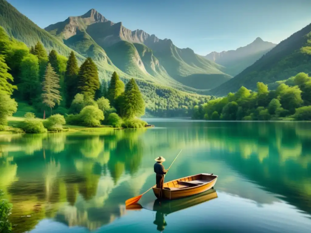 Un hermoso lago sereno rodeado de árboles verdes y montañas, con un pescador en un bote de madera