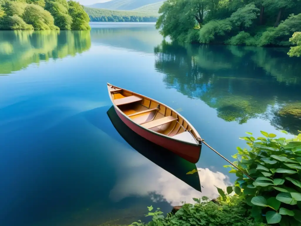 Un hermoso lago tranquilo rodeado de vegetación exuberante, con un bote de madera añadiendo nostalgia a la escena