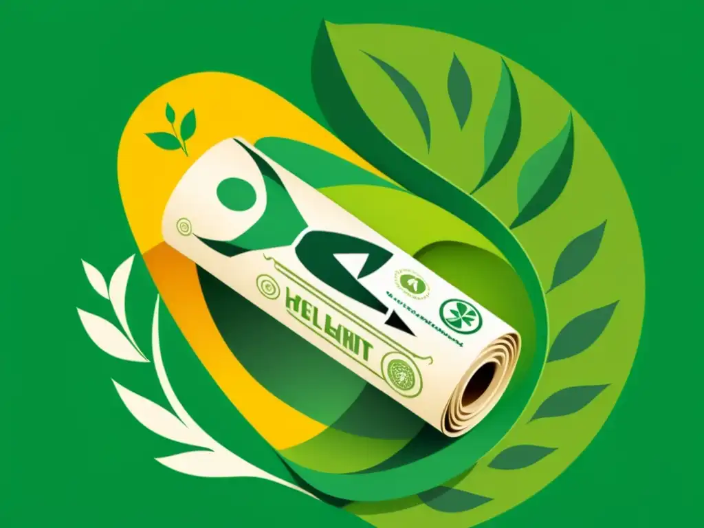 Héroe ecológico emergiendo de embalaje sostenible Un héroe de papel emerge de un rollo de embalaje ecológico, rodeado de hojas verdes y símbolos de sostenibilidad