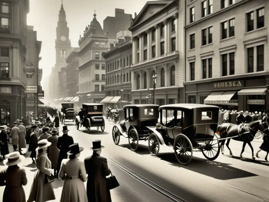 Una icónica fotografía en sepia de una bulliciosa calle de la ciudad a principios del siglo XX