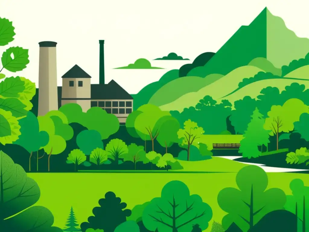 Una ilustración vintage de un exuberante bosque con un antiguo molino de papel al fondo, mostrando la armonía entre la naturaleza y la industria papelera en el contexto de las certificaciones verdes de la industria papelera