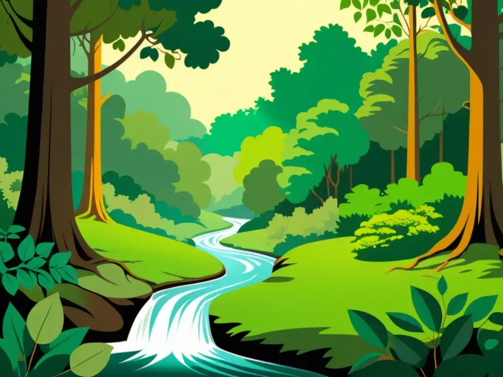 Una ilustración vintage de un exuberante bosque con árboles majestuosos, follaje verde vibrante y un arroyo claro y burbujeante