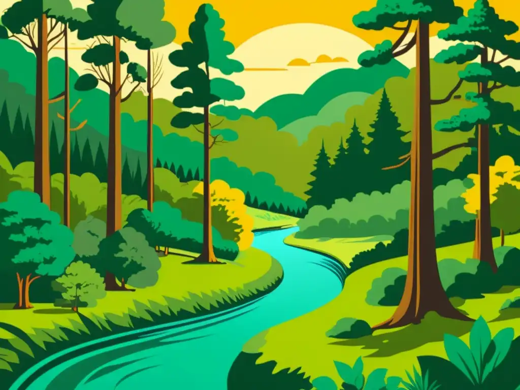Una ilustración vintage de un exuberante bosque con árboles altos, follaje vibrante y un arroyo serpenteante