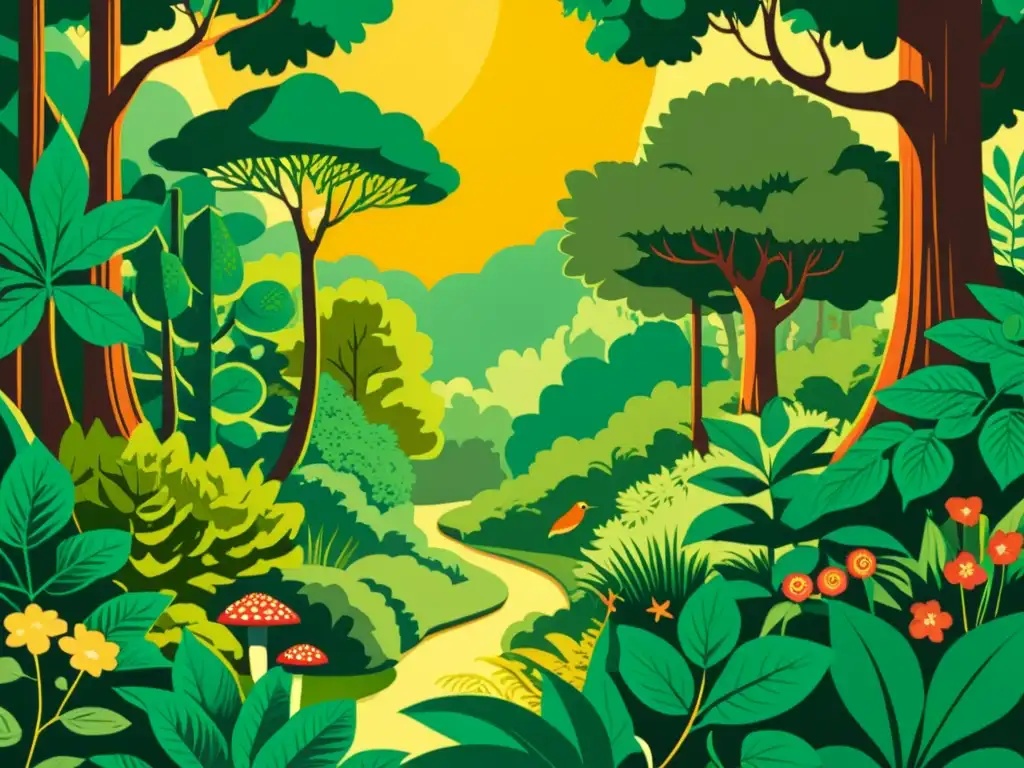 Una ilustración vintage de un exuberante bosque con detalles de plantas, luz solar y criaturas del bosque