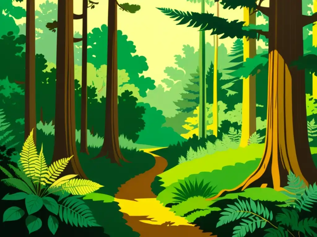 Una ilustración vintage de un exuberante bosque con luz solar filtrándose a través del dosel, creando sombras moteadas en el suelo del bosque