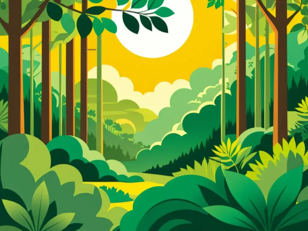 Una ilustración vintage de un exuberante bosque con luz solar filtrándose a través del dosel, mostrando la belleza natural y el impacto ambiental de la revolución embalajes sostenibles papel