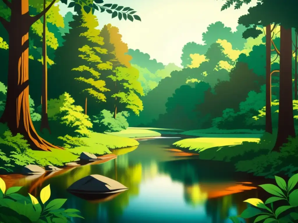 Una ilustración vintage de un exuberante bosque con un río cristalino