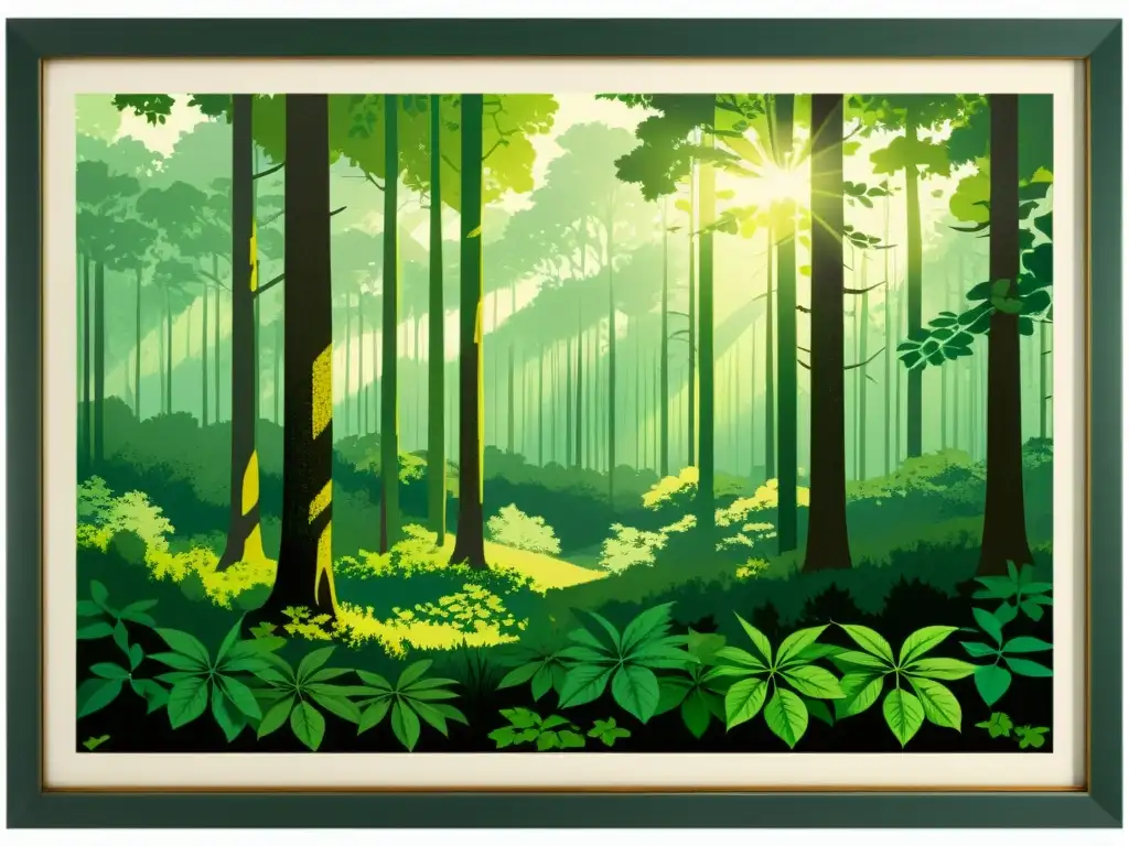 Una ilustración vintage de un exuberante y vibrante bosque, con luz solar filtrándose a través del dosel, resaltando los tonos verdes de la vegetación y proyectando sombras moteadas en el suelo del bosque