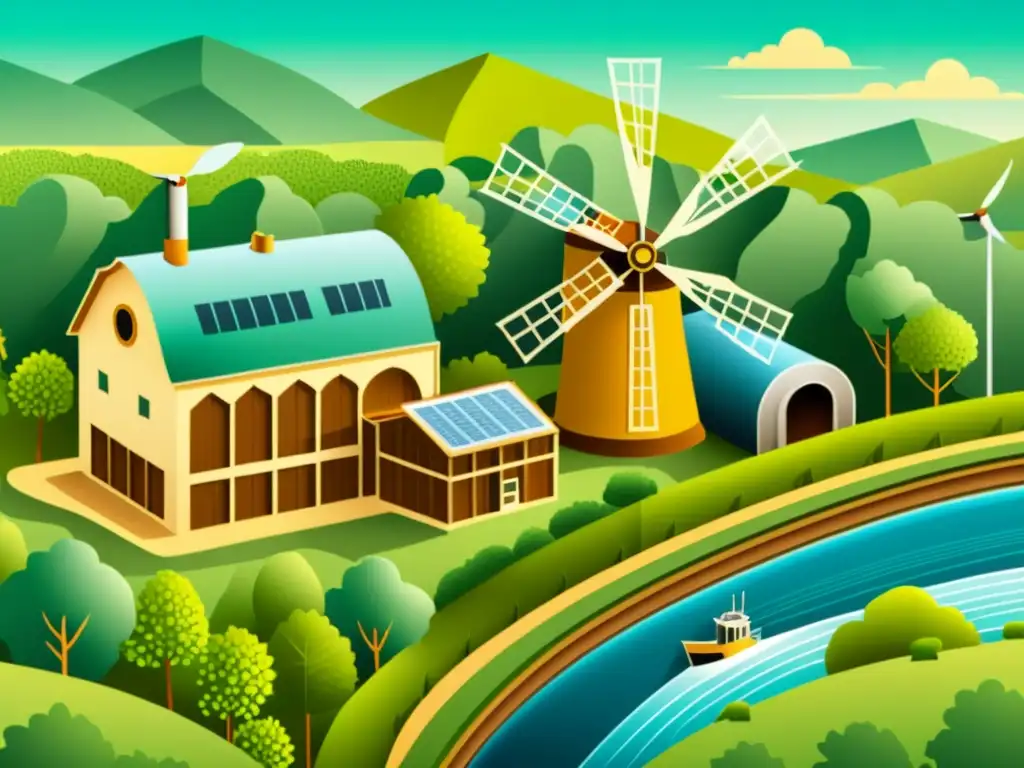 Una ilustración vintage de un molino de papel tradicional integrado con energías renovables, rodeado de exuberante naturaleza y armonía sostenible