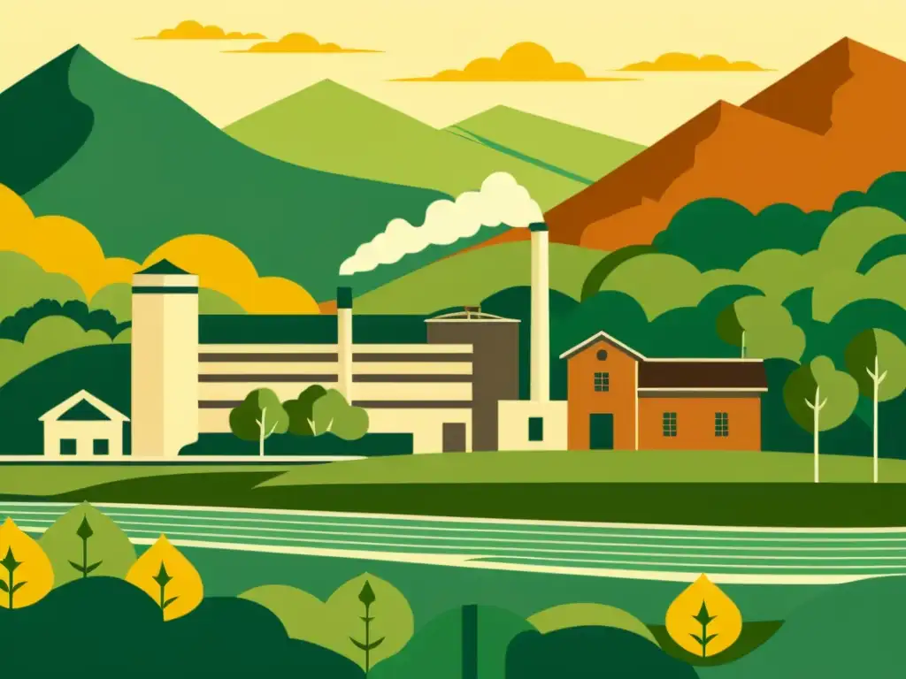 Una ilustración vintage de un molino de papel en un entorno natural, evocando la historia y la sostenibilidad de la industria papelera