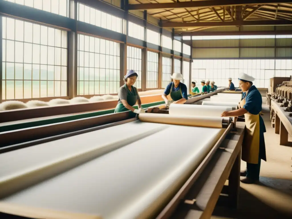 Imagen de una antigua fábrica de papel donde se producen ediciones limitadas de papel con maquinaria tradicional y trabajadores hábiles