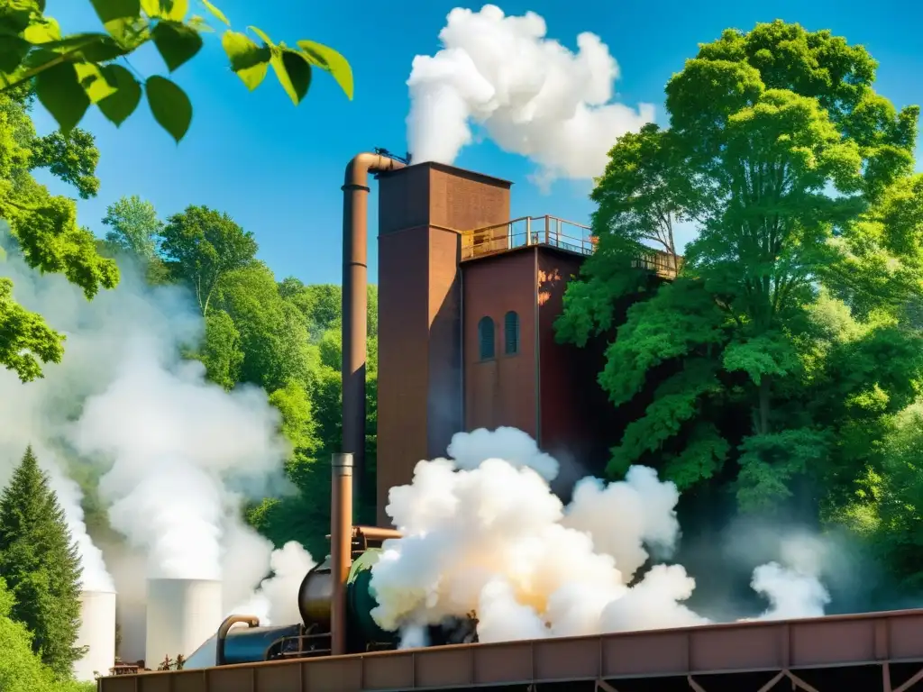 Una imagen de una antigua fábrica de papel con humo blanco, rodeada de árboles verdes y cielo azul