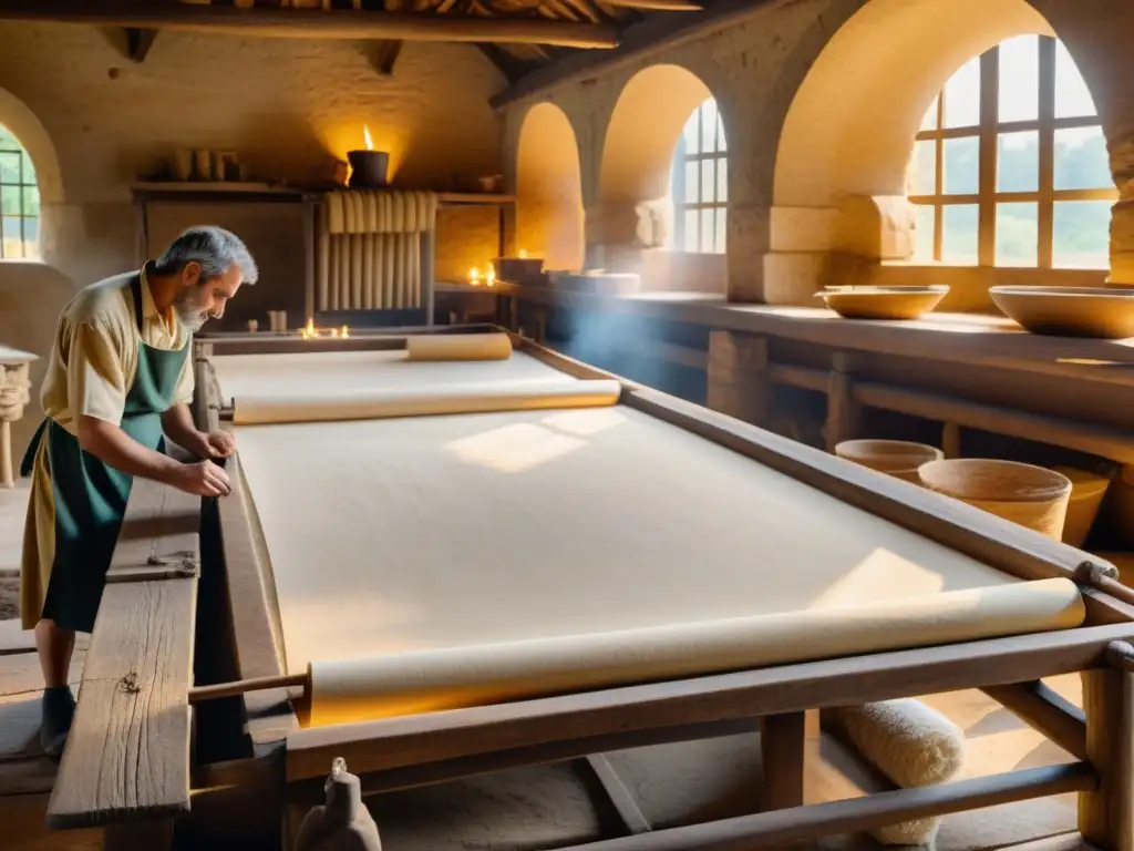 Una imagen de una antigua fábrica romana de papel, donde los trabajadores elaboran pergamino y rollos usando métodos tradicionales