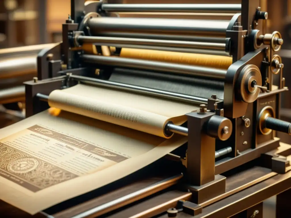 Una imagen de una antigua prensa en funcionamiento, con componentes mecánicos detallados y papel siendo alimentado con precisión