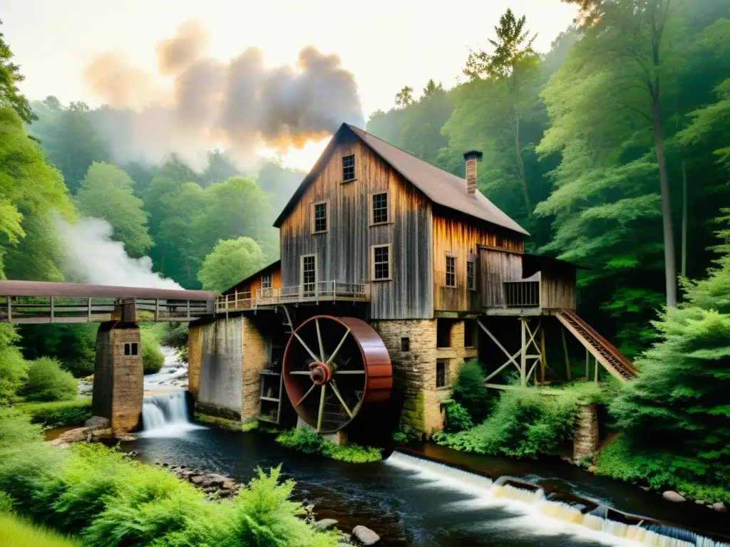 Imagen de un antiguo molino de papel en un bosque, con una rueda de agua girando en un arroyo