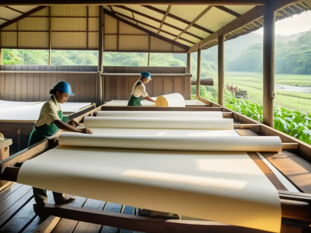 Una imagen de archivo de una tradicional fábrica de papel, con trabajadores elaborando papel a mano