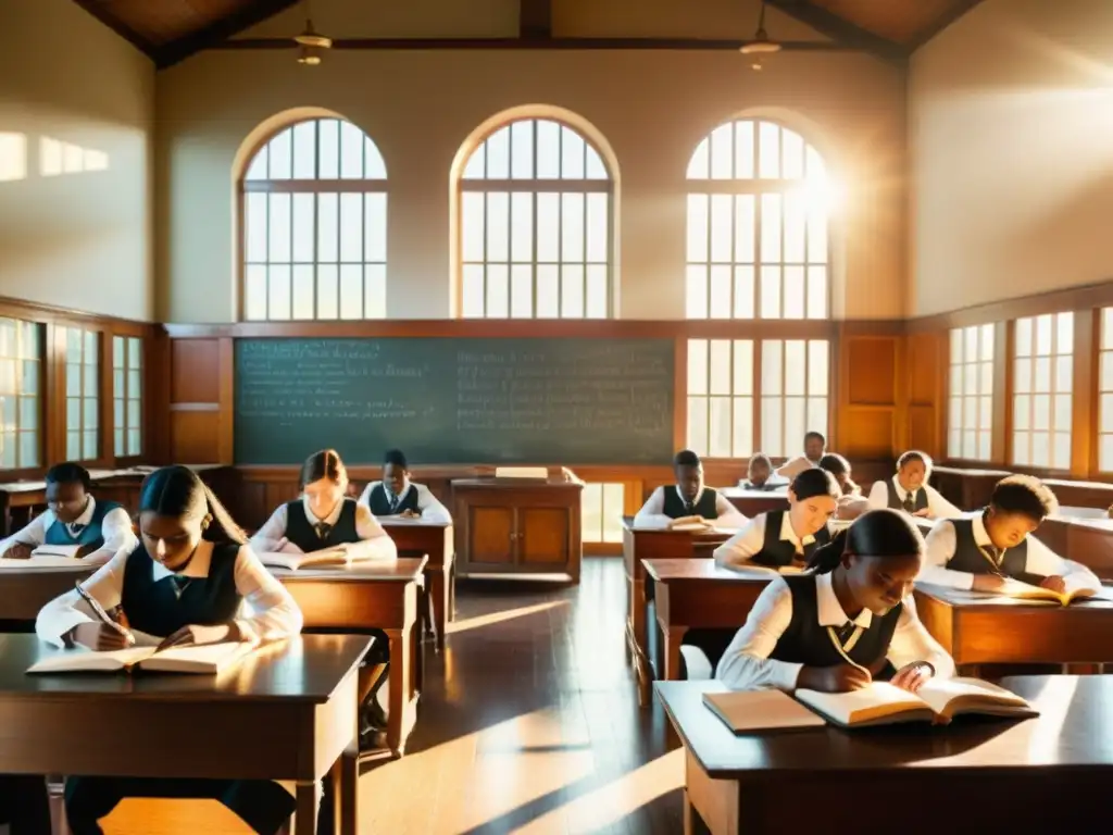 Imagen de aula vintage con estudiantes, libros y papeles antiguos