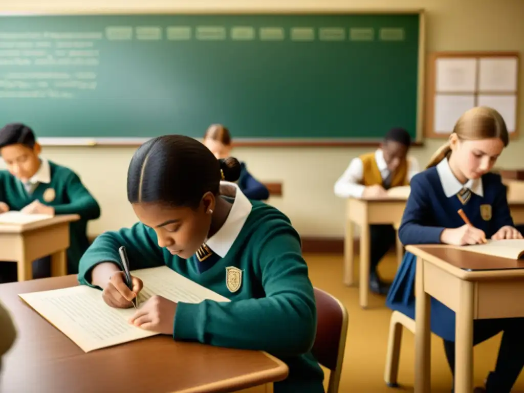 Imagen de aula vintage con estudiantes usando papel premium tecnológico educativo en actividades de aprendizaje