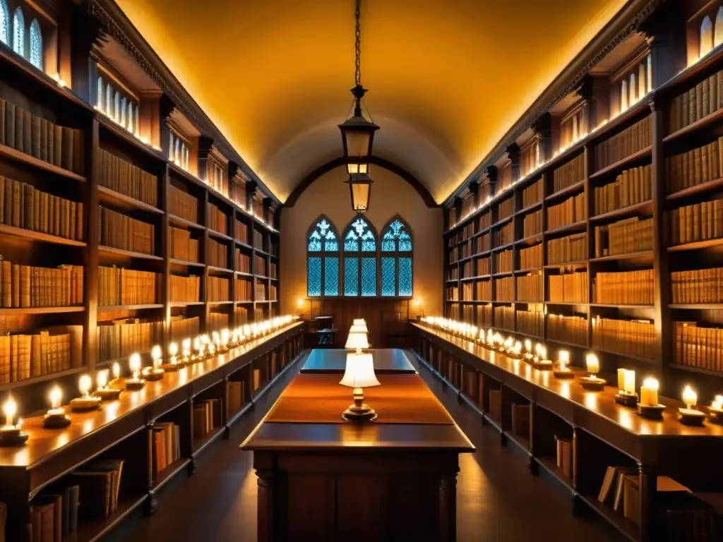 Imagen de una biblioteca medieval con estudiosos y estanterías llenas de pergaminos y libros antiguos, iluminada por luz de velas