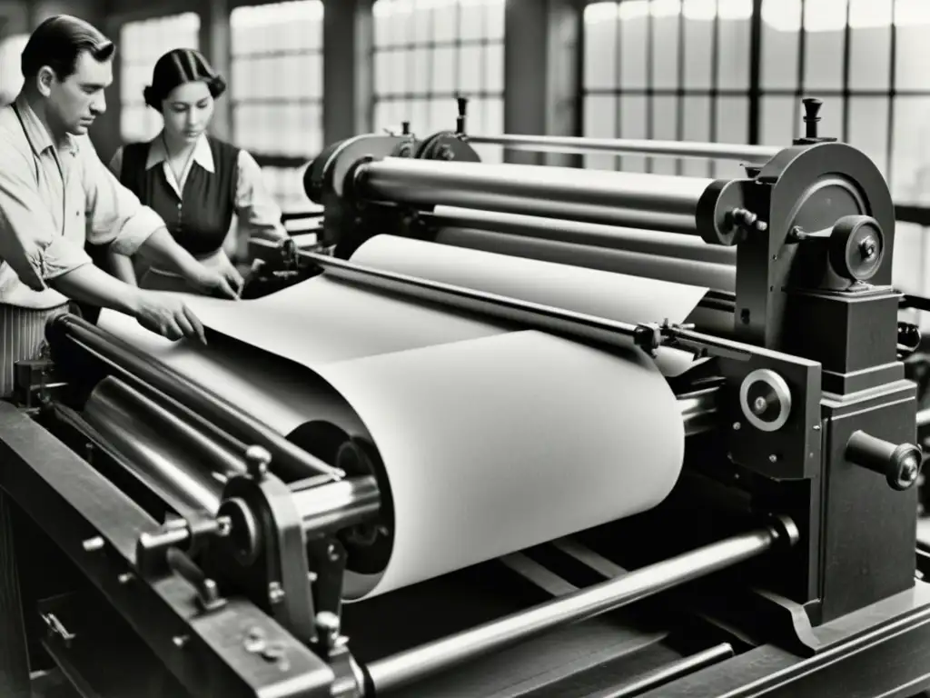 Una imagen en blanco y negro muestra una antigua imprenta en acción, con trabajadores manipulando grandes rollos de papel