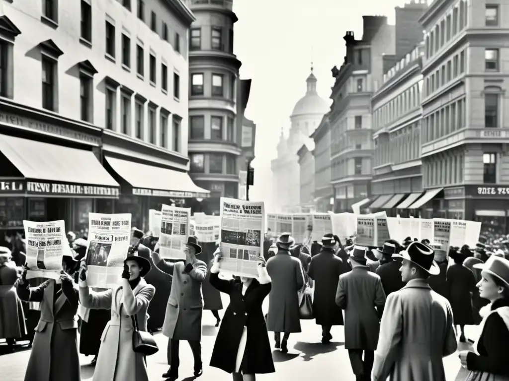 Imagen en blanco y negro de una bulliciosa calle llena de personas leyendo periódicos y panfletos, destacando el papel en la revolución de la información