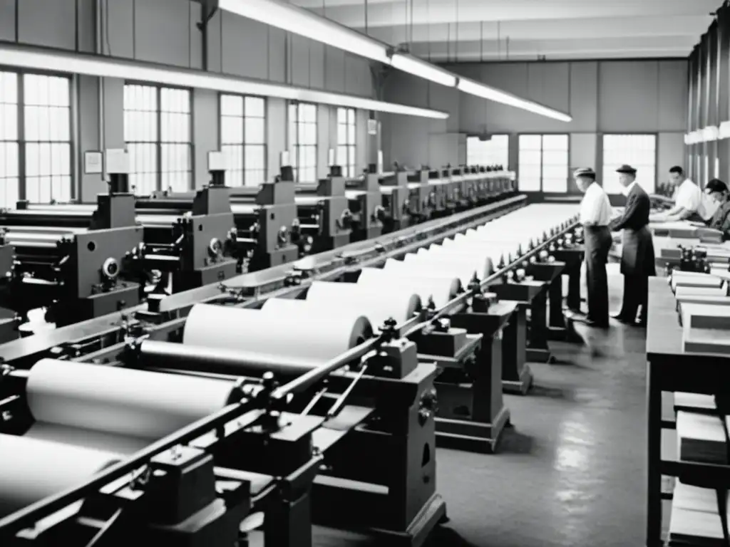 Imagen en blanco y negro de una bulliciosa sala de imprenta vintage, con trabajadores atendiendo meticulosamente a las grandes máquinas, rodeados de pilas de papel y tinta