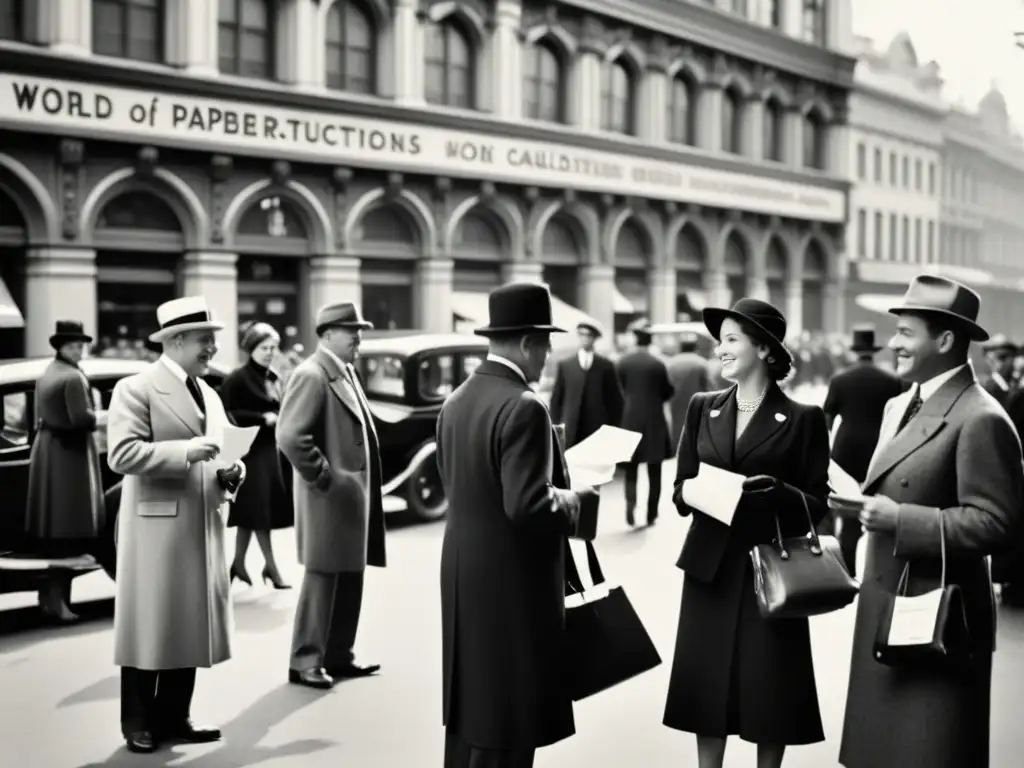 Imagen en blanco y negro de una bulliciosa calle comercial del siglo XX, donde la gente elegantemente vestida intercambia tarjetas de presentación y conversa animadamente frente a edificios ornamentados, capturando el impacto cultural y tecnológico del papel en el mundo de los negocios