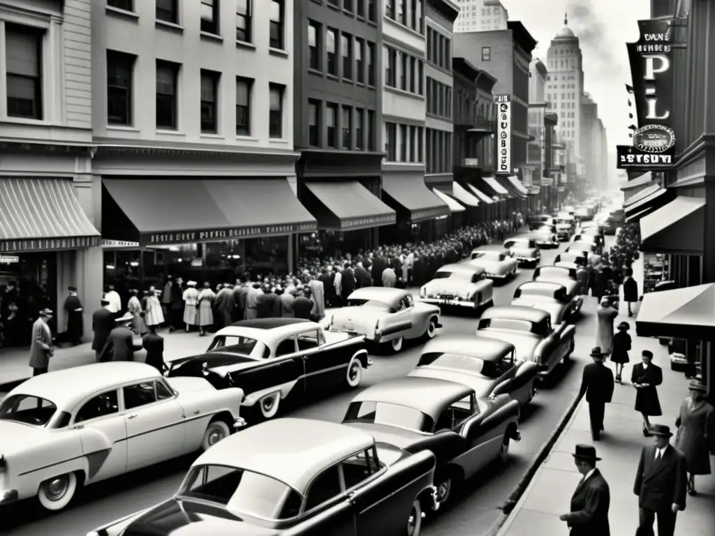 Imagen en blanco y negro de una bulliciosa calle de la ciudad en los años 50, con coches clásicos, personas vestidas de la época y tiendas vintage