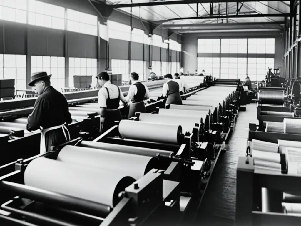 Imagen en blanco y negro de una bulliciosa sala de imprenta del siglo XIX, con trabajadores, rollos de papel y periódicos