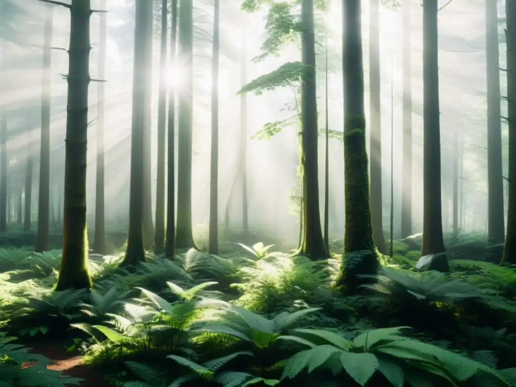 Imagen en blanco y negro de un denso bosque con árboles imponentes, resaltando la exuberante vegetación y biodiversidad