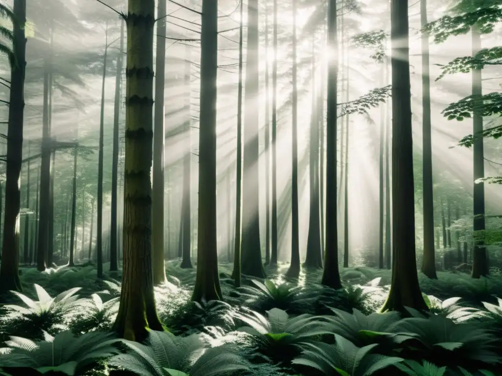 Imagen en blanco y negro de un denso bosque con altos árboles, mostrando la exuberante vegetación y patrones naturales