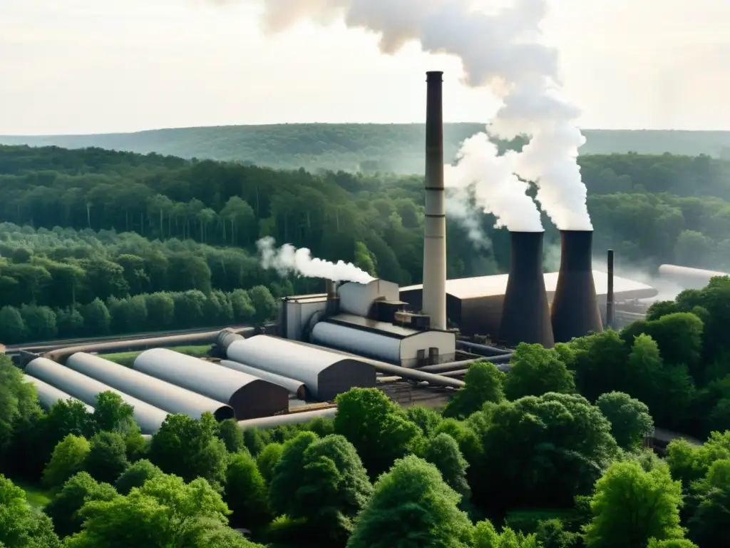 Imagen en blanco y negro de una fábrica de papel rodeada de bosques, resaltando la gestión de desechos industria papelera y su impacto ambiental