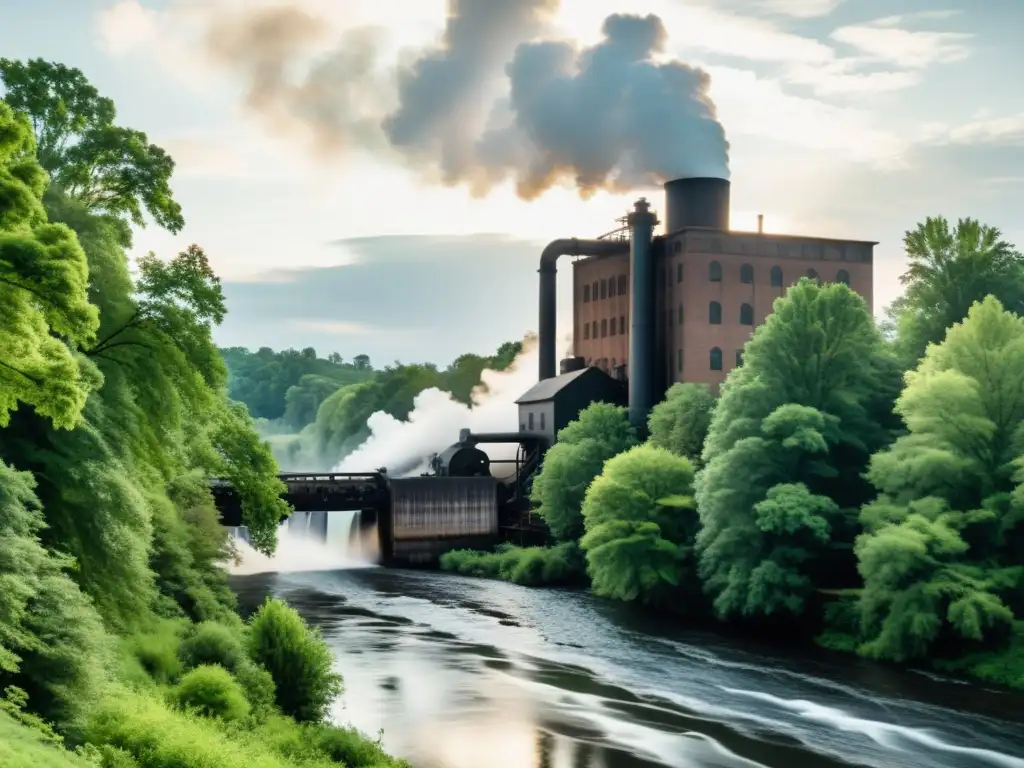 Imagen en blanco y negro de una fábrica de papel rodeada de naturaleza, resaltando el impacto ambiental de la industria papelera