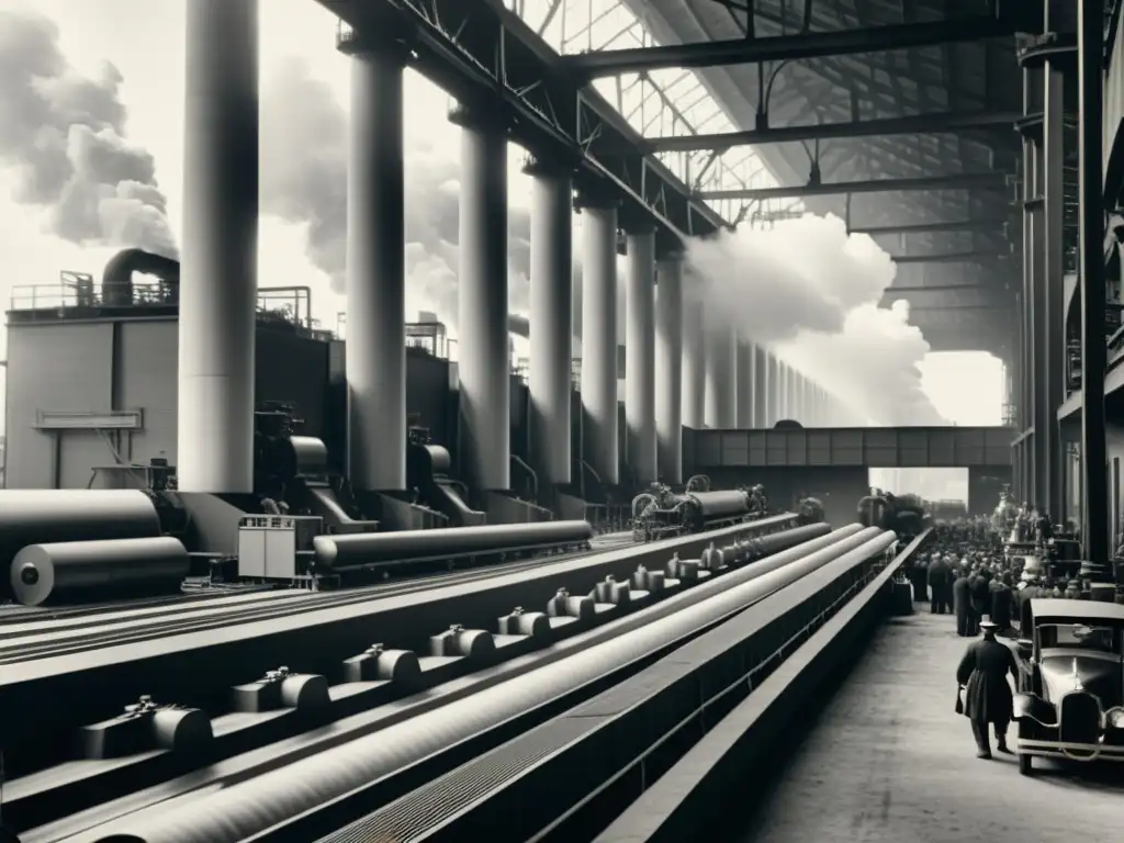 Imagen en blanco y negro de una fábrica de papel durante la Revolución Industrial, muestra la maquinaria masiva, trabajadores y retos ambientales