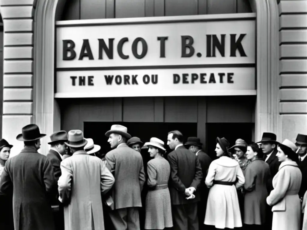 Imagen en blanco y negro de gente esperando afuera de un banco durante la Gran Depresión, mostrando el papel como divisa de emergencia