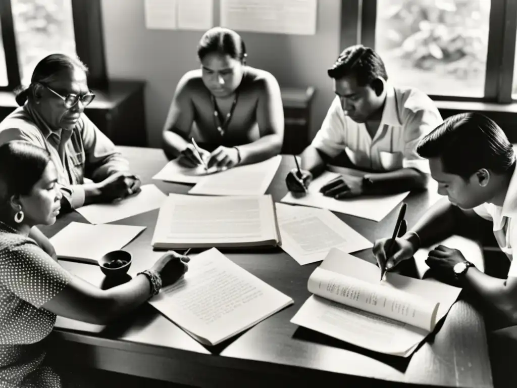 Una imagen en blanco y negro muestra a un grupo de personas indígenas trabajando en la preservación de su idioma, con papeles, plumas y máquinas de escribir antiguas sobre la mesa