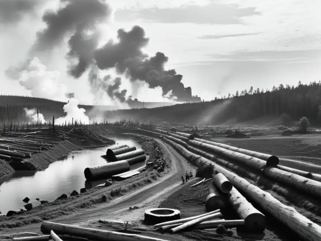 Imagen en blanco y negro de un paisaje deforestado con contaminación de papel, evocando la urgencia de educación ambiental y evolución