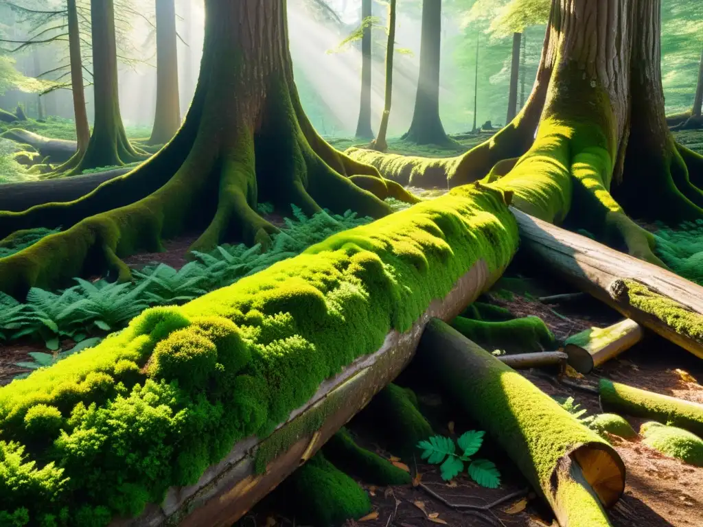 Imagen de un bosque exuberante con árboles altos, luz dorada filtrándose entre las hojas y rocas cubiertas de algas, creando una atmósfera serena