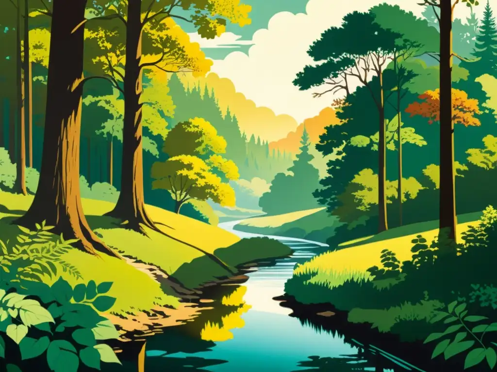 Imagen de ilustración vintage de un bosque sereno con árboles majestuosos y un arroyo tranquilo