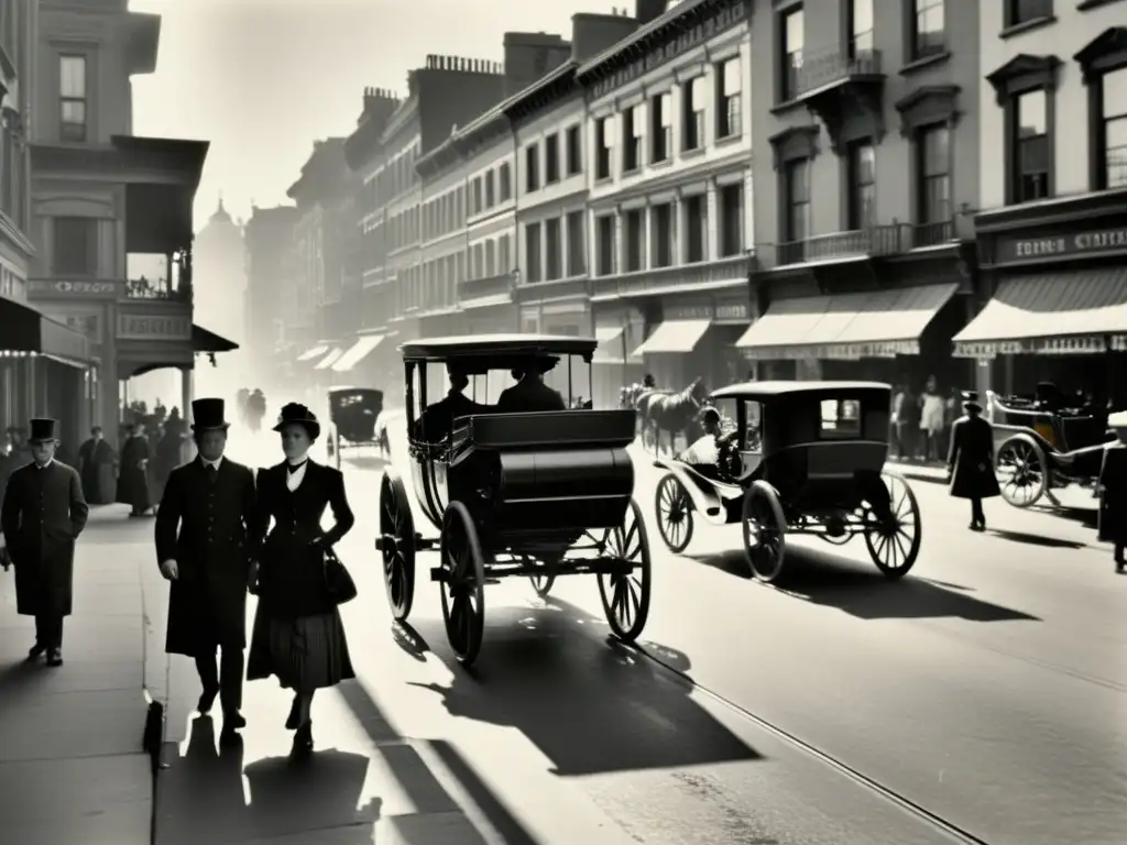 Imagen sepia de una bulliciosa calle de la ciudad del siglo XIX, capturando la vida diaria y la evolución de la historia del papel fotográfico