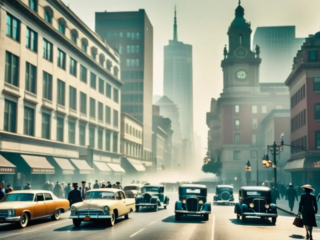 Una imagen sepia de una bulliciosa calle de la ciudad con coches antiguos y personas caminando, envuelta en smog y contaminación