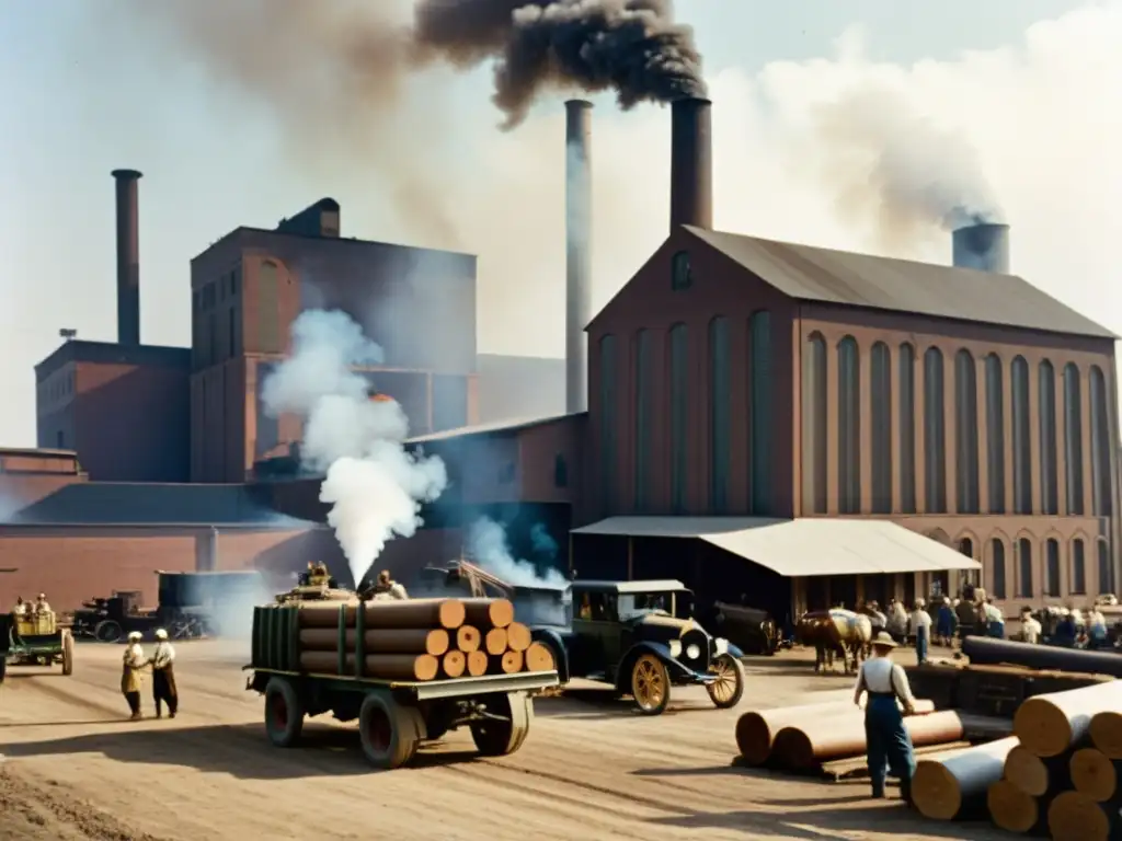 Imagen sepia de una bulliciosa fábrica de papel en una ciudad industrial, evocando la revolución del papel de pulpa