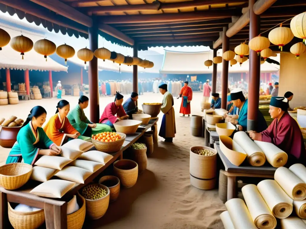 Imagen de un bullicioso mercado antiguo en Asia, con comerciantes vendiendo diversos bienes rodeados de pergaminos y rollos de papel